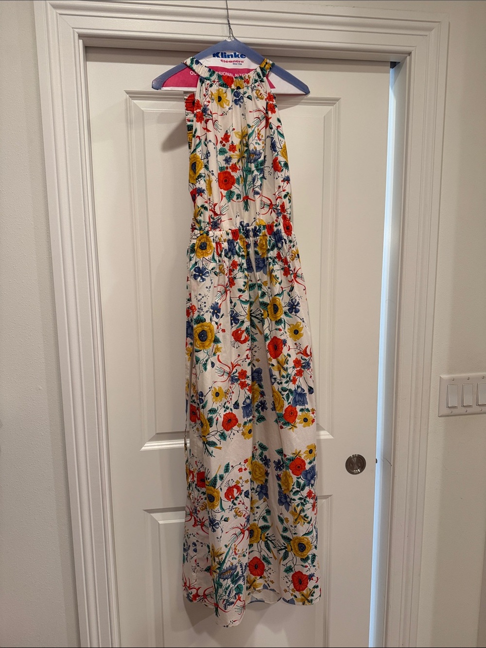 Cara Cara White Floral Halter Maxi Dress with Yellow & Red Blooms